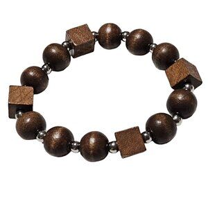 Handmade Boho Wood Beaded Stretch Bracelet Brown Cubes Spheres Fashion Jewelry